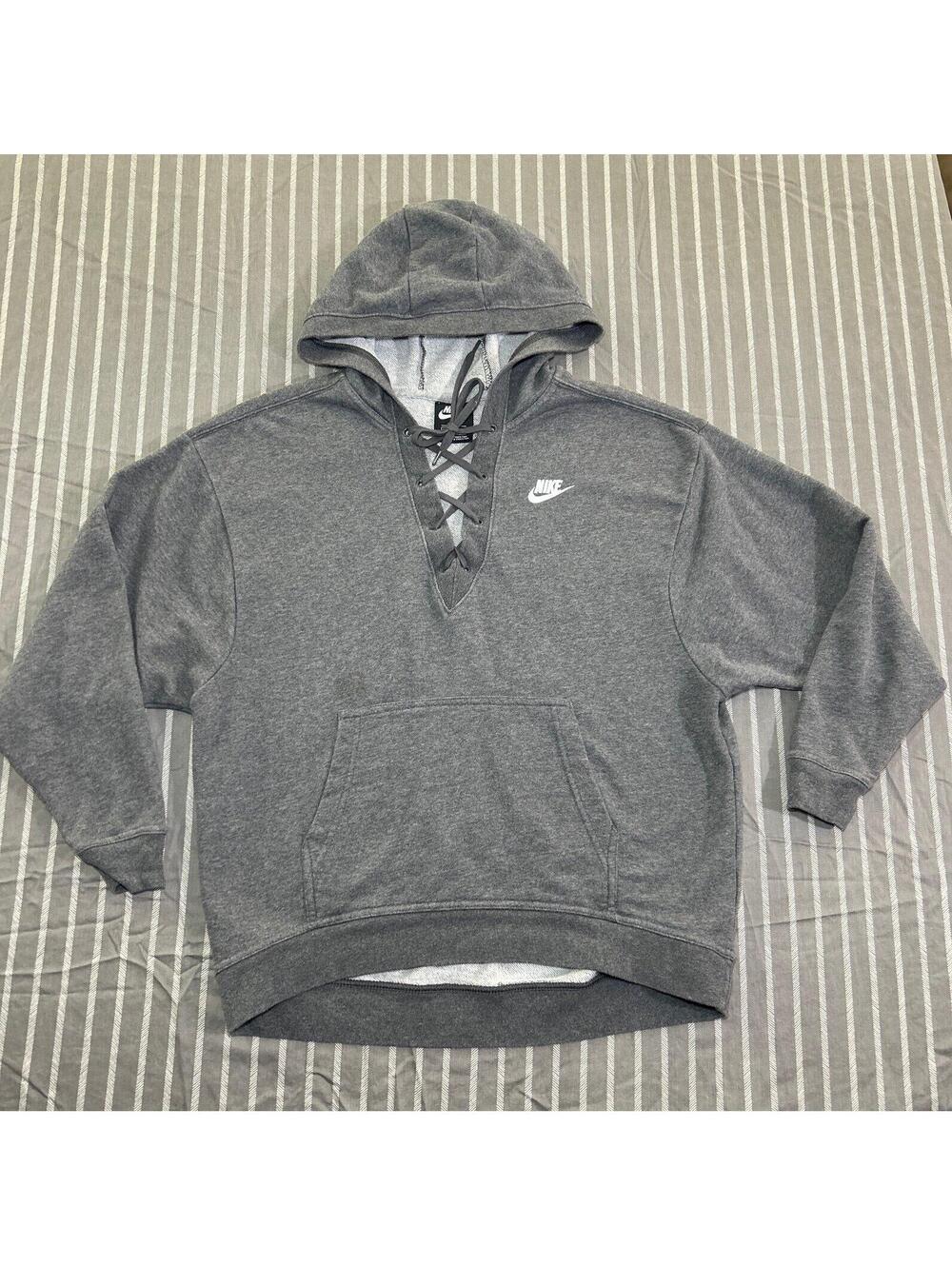 NIKE HOODIE WOMENS SMALL GRAY SPORTSWEAR CLUB LACE UP PULLOVER ATHLEISURE COMFY
